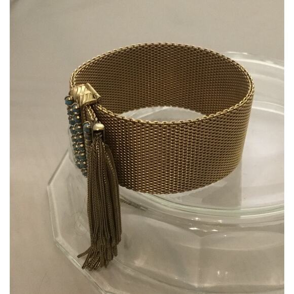 Vintage Christian Dior Gold Mesh Faux Turquoise Modernist Bracelet w/Fringe 60s - Picture 5 of 8